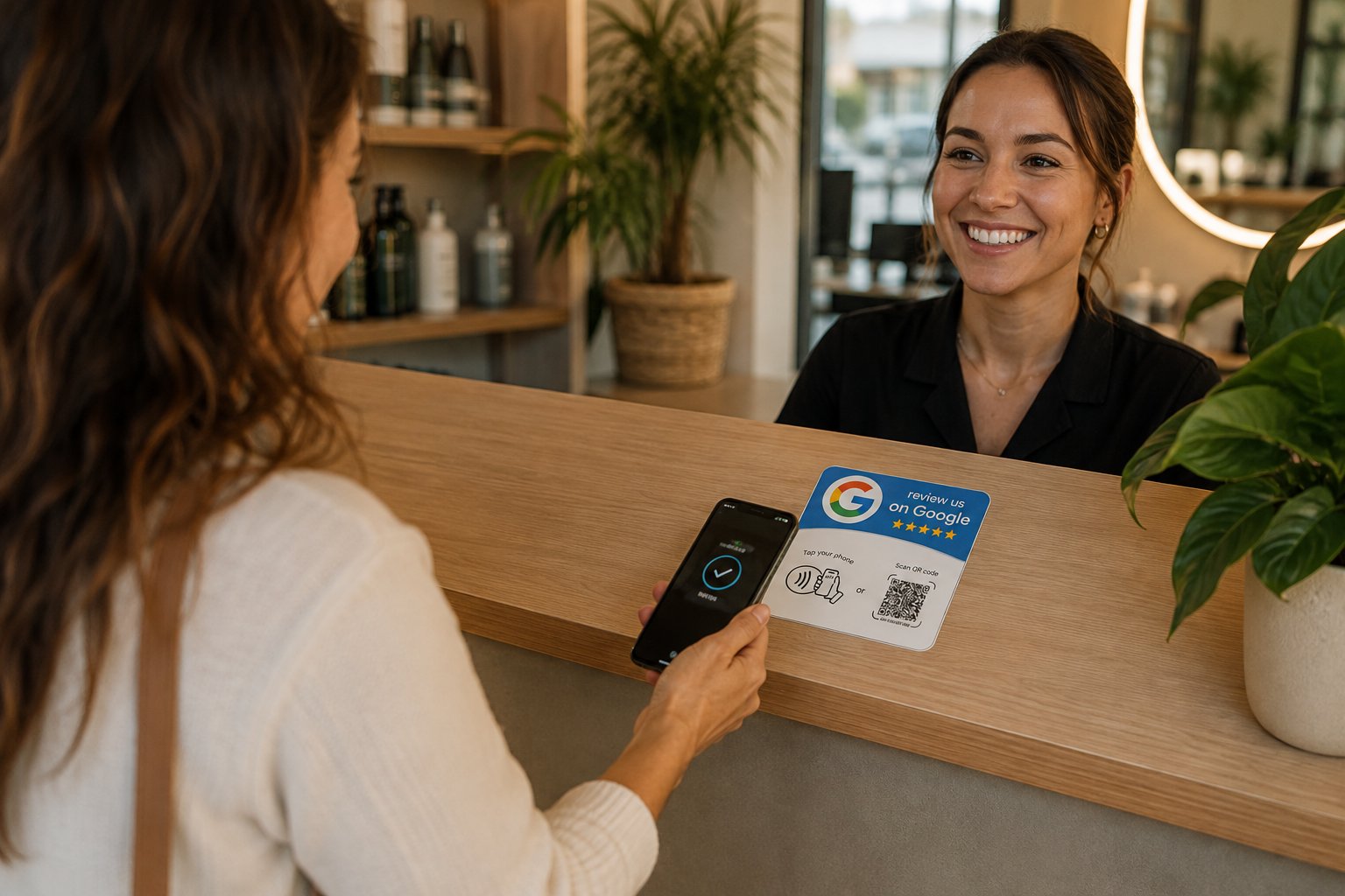 Une cliente souriante scanne son téléphone sur une plaque avis Google posée sur le comptoir, pendant que la commerçante lui sourit en retour