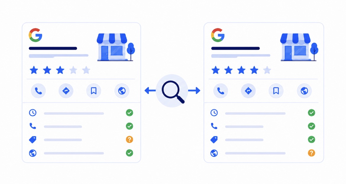 Deux fiches Google comparées côte à côte avec une loupe