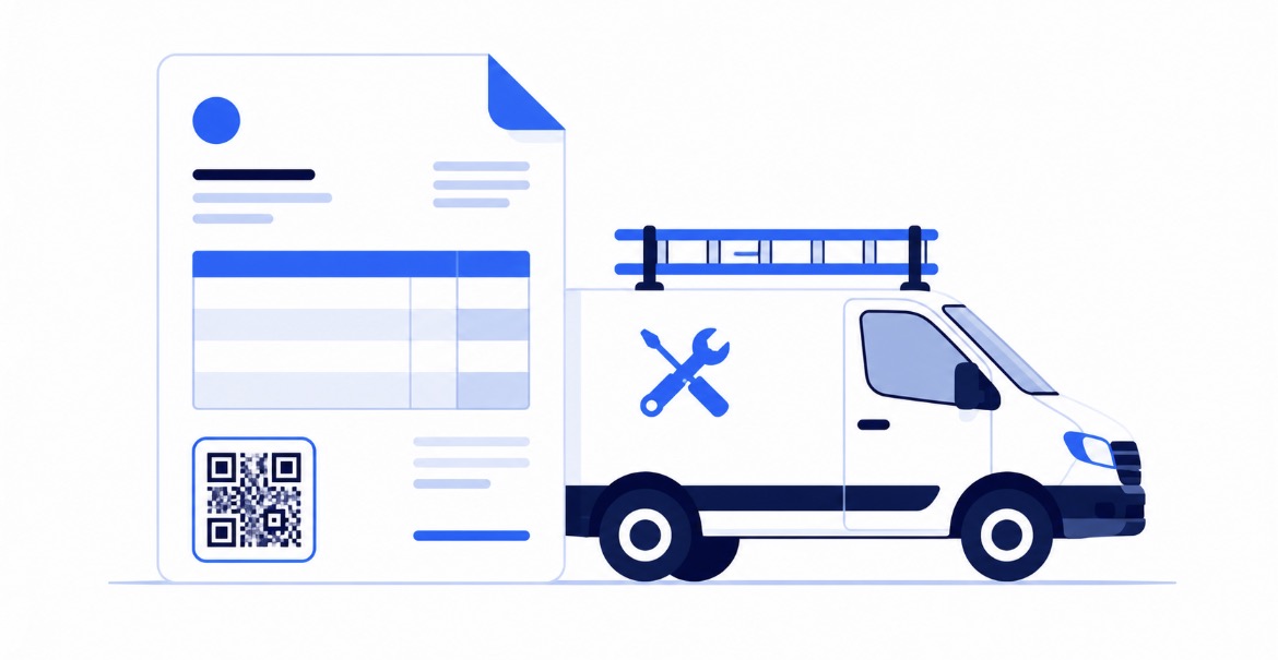 Facture avec QR code imprimé à côté d'une camionnette d'artisan stylisée