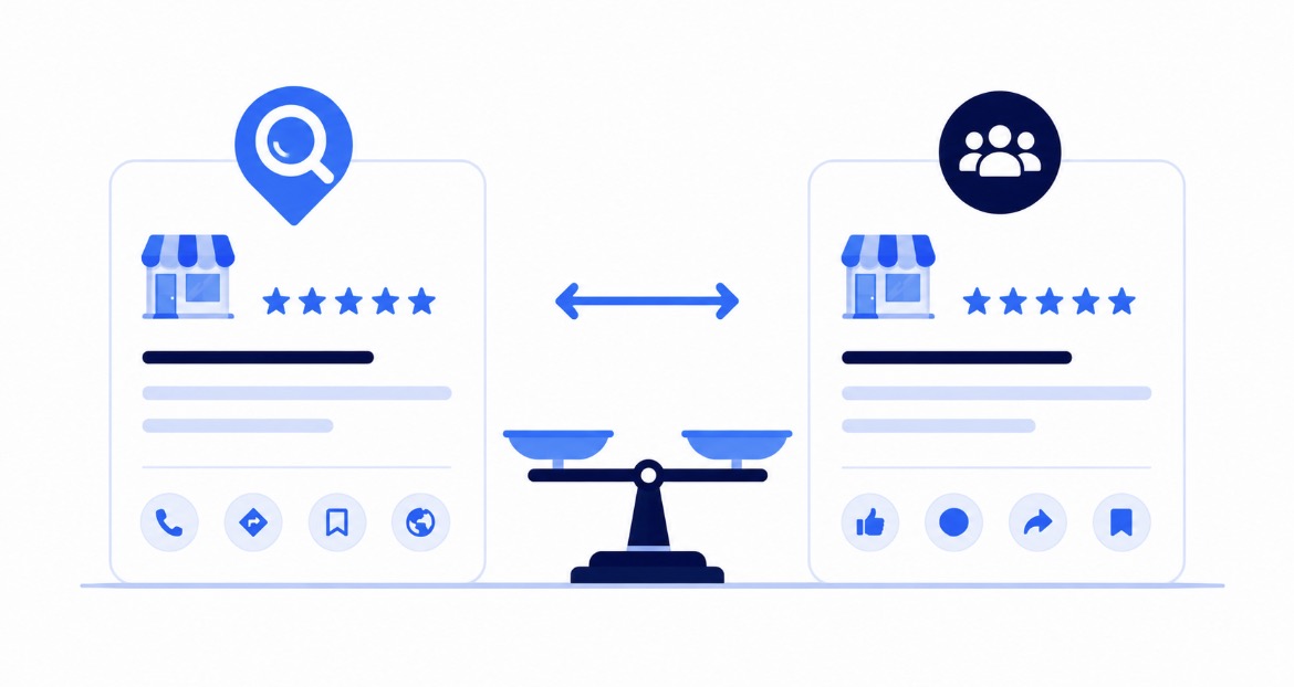 Deux fiches comparées, l'une Google et l'autre réseau social